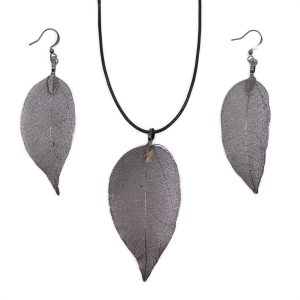 Pewter Bravery Leaf Necklace & Earring Set